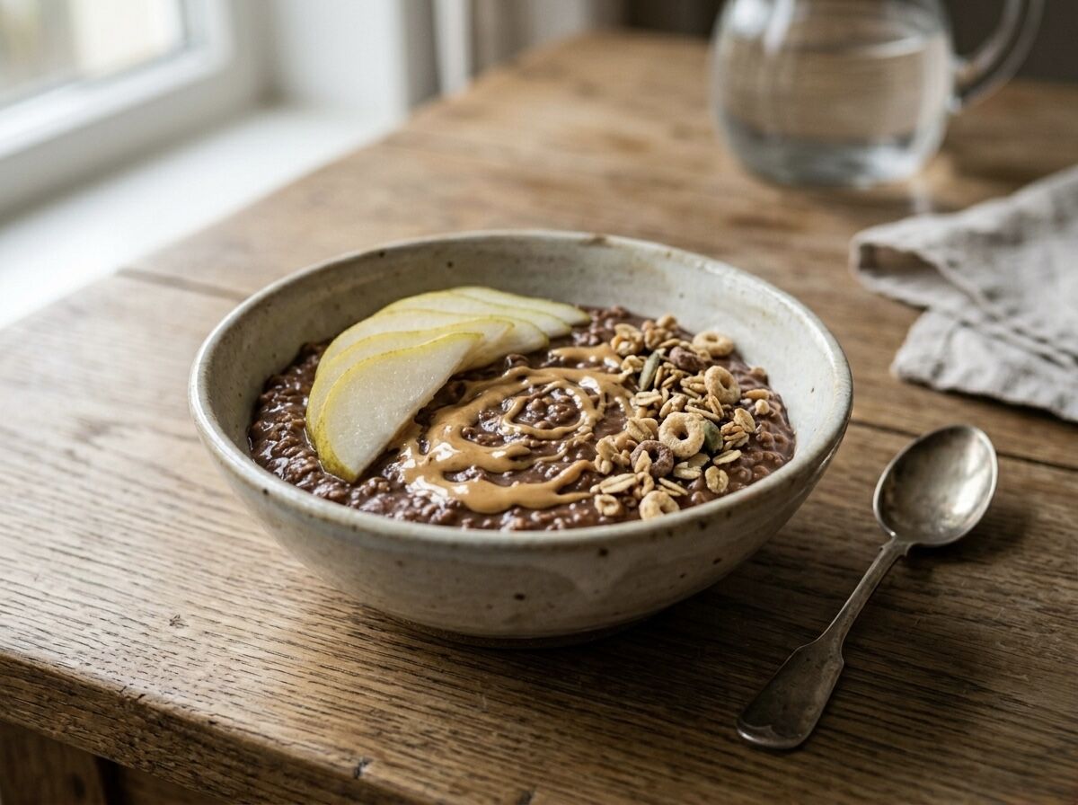 Chocolade havermout met peer en pindakaas