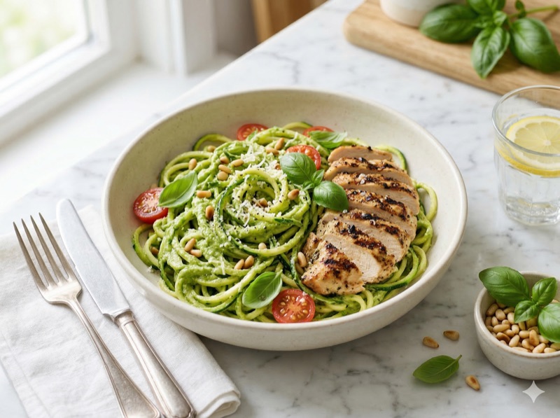 Courgettini met avocadopesto en kip