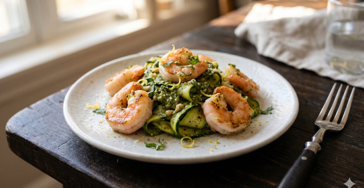 Garnalen met courgettilint en pesto na maagverkleining