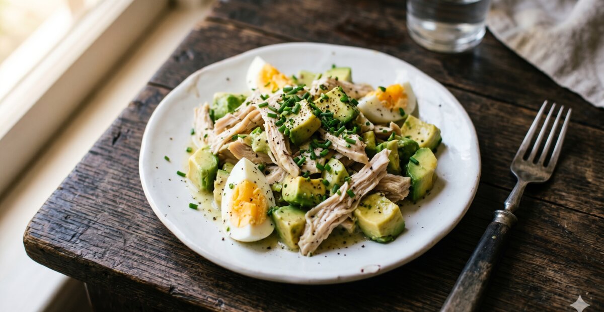 Kipsalade met avocado en ei na maagverkleining