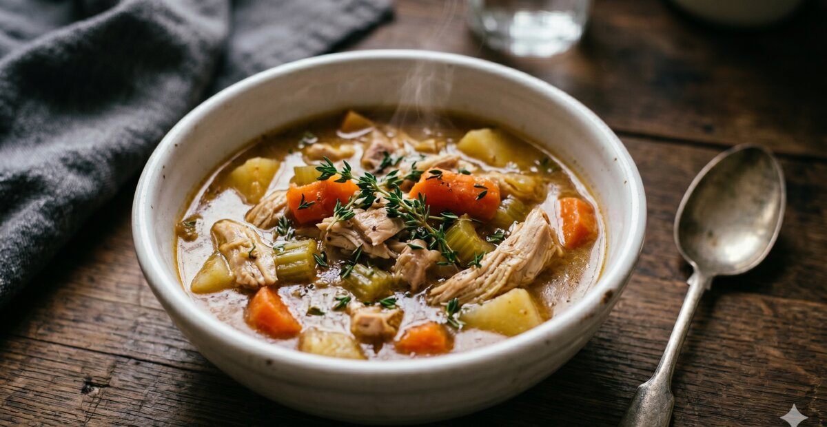 Kipstoofpotje met wortels en tijm na maagverkleining