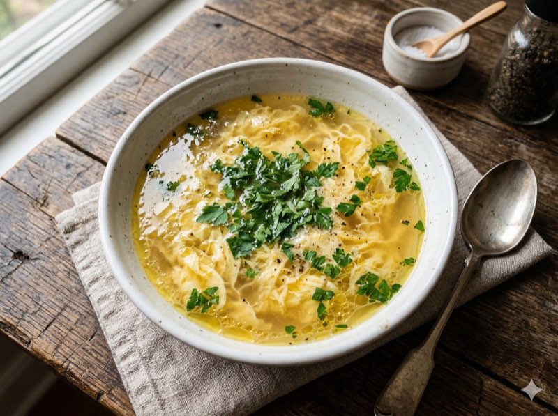 Groentebouillon met ei vloeibare fase