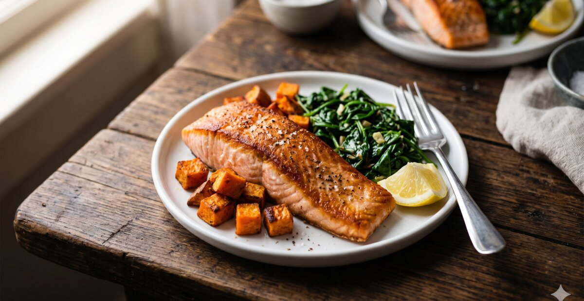 Zalm met zoete aardappel en spinazie na maagverkleining