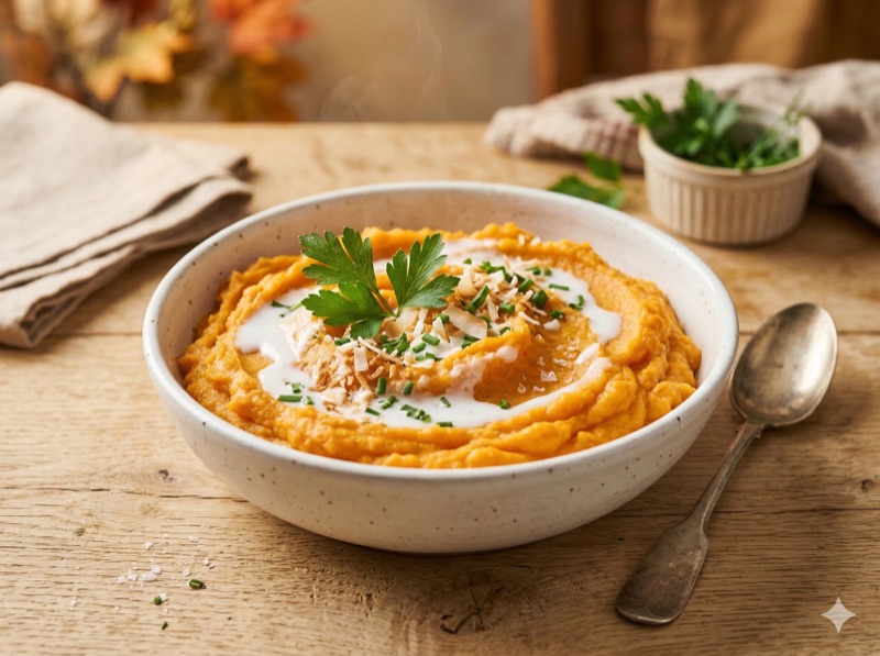 Zoete aardappelpuree kip gepureerde fase